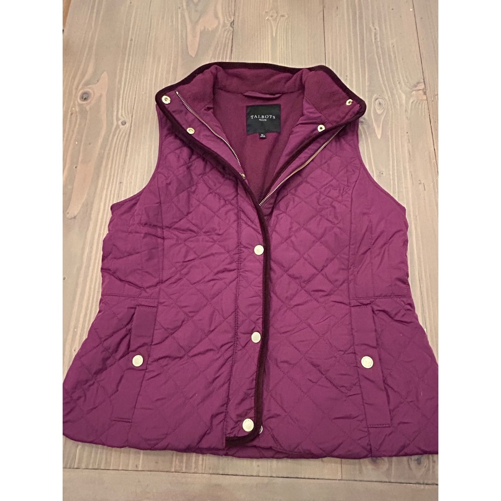 A23 Talbots Petite Plum Purple Quilted Vest Fleece Lined Corduroy Trim Gold MP